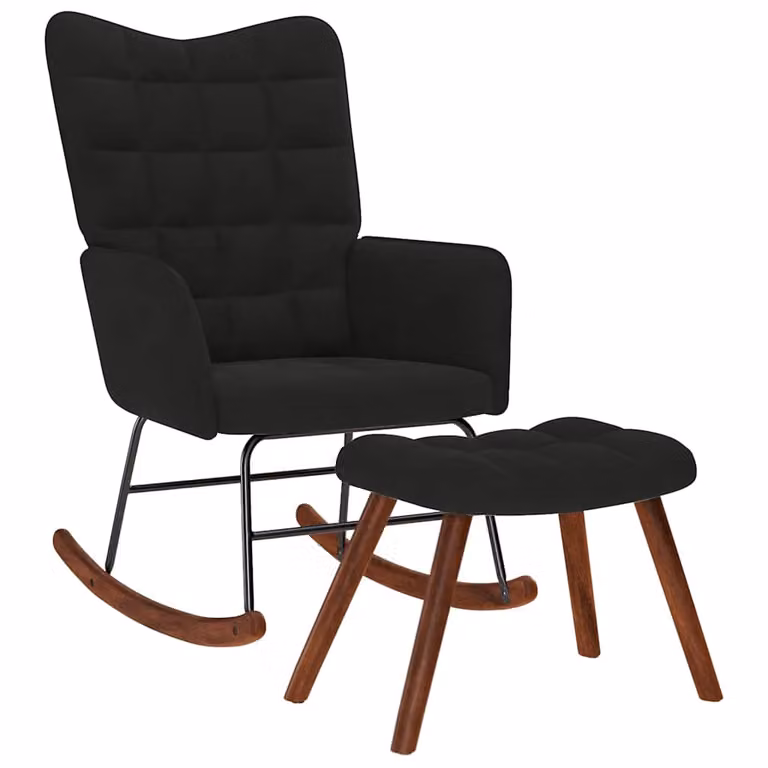 Mecedora de terciopelo negro con taburete vidaXL para adultos con reposabrazos y diseño moderno