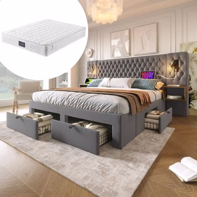 Juego de dormitorio Kellany con cama doble de 160x200 cm tapizada en terciopelo gris, 2 mesillas de noche y 4 cajones, cabecero con luz de lectura integrada y puerto de carga USB, incluye colchón