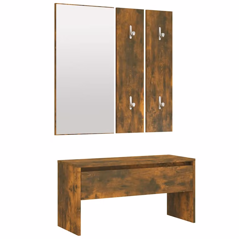 Set de muebles de recibidor vidaXL de madera en roble con banco, espejo y estante de pared en color marrón mate