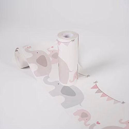 Cenefas adhesivas Elephant Party para niños de A.S. Création, colores rosa, gris y blanco, An/Al: 5,00 x 0,155 m