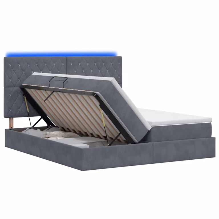 Cama de almacenamiento vidaXL con colchón híbrido, iluminación LED, puerto USB y base abatible, tapizada en terciopelo gris, An/P/Al: 200 x 200 x 140 cm