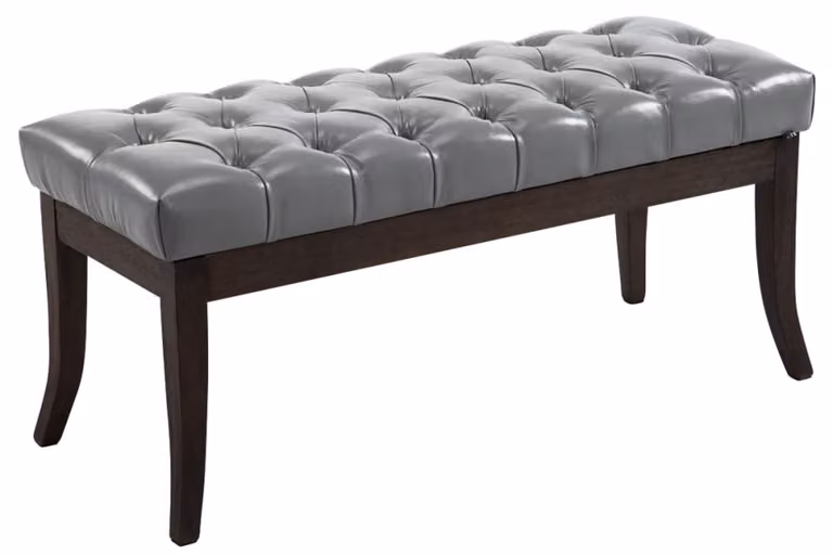 Banco con asiento de simil cuero gris y patas de madera para salón o comedor