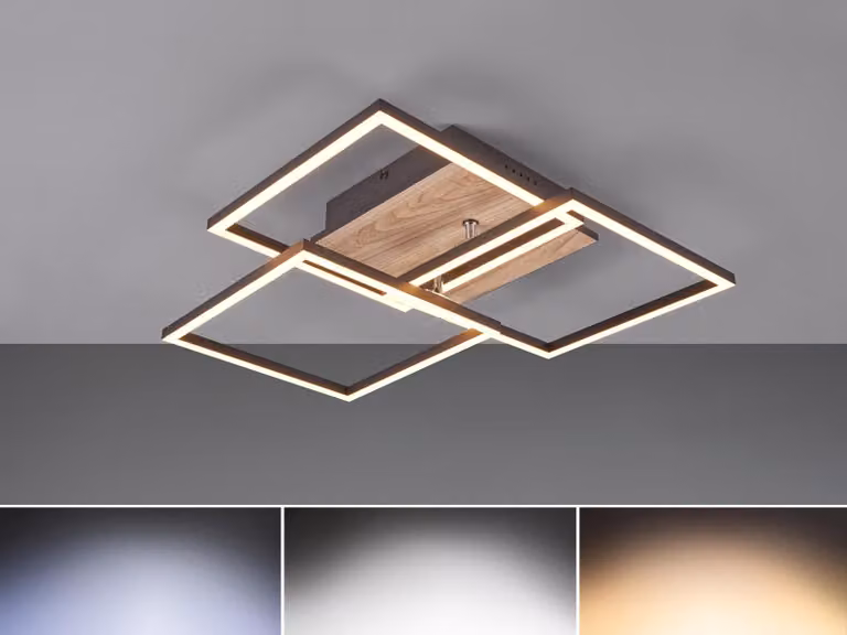 Lámpara de techo LED Reality de RL LIVE YOUR LIGHT con imitación de madera y metal, 27W, regulable con mando a distancia y función de luz nocturna en color negro mate y madera