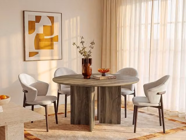 Mesa de comedor redonda VENTE-UNIQUE en color marrón para 6 personas, Diámetro: 138 cm, Altura: 75 cm
