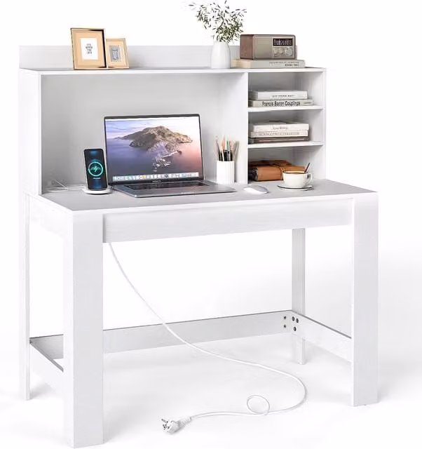 Escritorio para ordenador NORTHIX con estantería, enchufes y gestión de cables, color blanco, An/P/Al: 125 x 60 x 90 cm