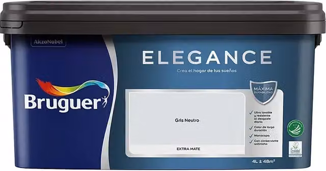 Pintura plástica de interior Bruguer Elegance extra mate, ultralavable y antimoho, color gris, 4 l