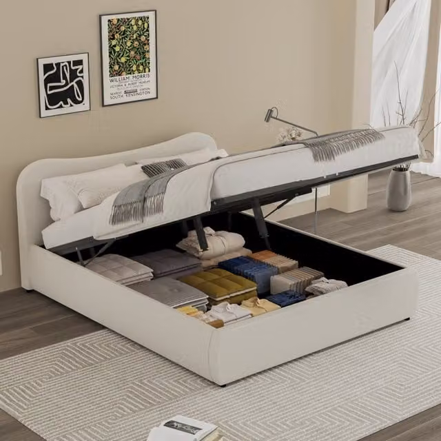 Cama con canapé abatible Concept Usine en terciopelo beige, diseño moderno y redondeado, An/P/Al: 160 x 200 x 175 cm