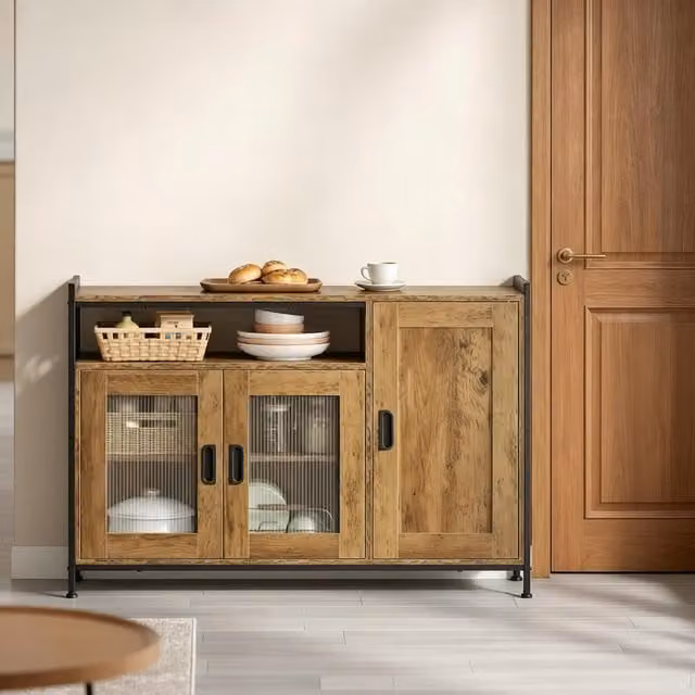 Aparador de cocina de estilo industrial DREAMMESPACE en marrón y negro, con estantes ajustables y nicho abierto, An/P/Al: 110 x 33 x 75 cm