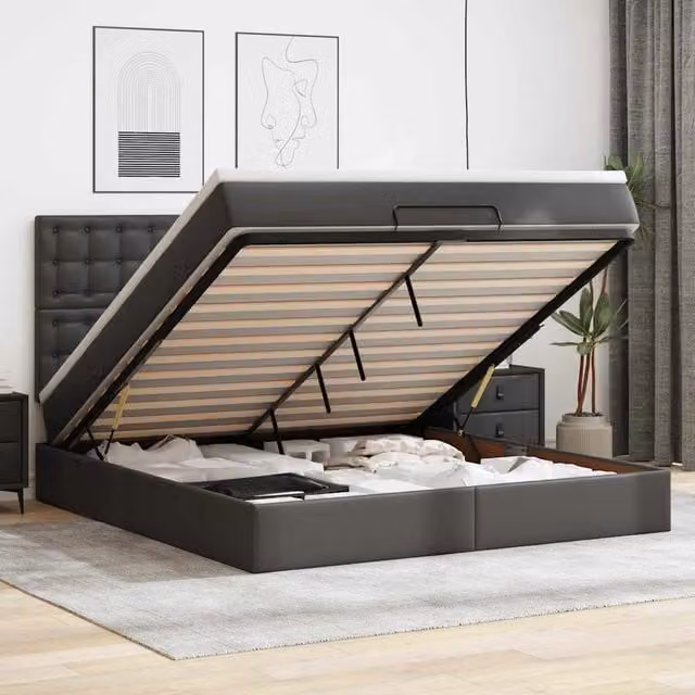 Cama otomana Maison Exclusive con base abatible, tapicería de cuero sintético y puerto de carga USB, An/P/Al: 180 x 200 x 28 cm, color negro y blanco