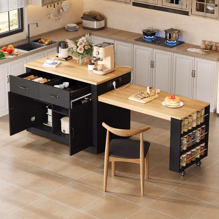 Isla de cocina STILVORA negra con mesa extensible, barra retráctil y carrito de servicio con ruedas y estantes ajustables