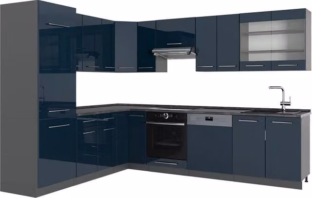Cocina esquinera Vicco Fame-Line en azul oscuro alto brillo y antracita sin encimera