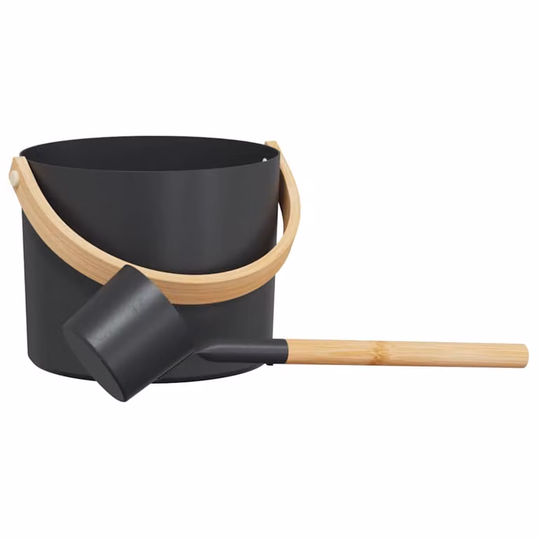 Juego de accesorios de sauna vidaXL de 2 unidades con cubo y cazo de madera en color negro y soporte de aluminio para montaje en pared