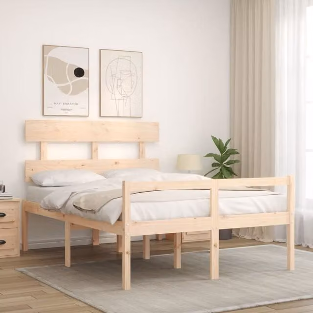 Cama de matrimonio para personas mayores SYFAX de madera de pino maciza en color beige, An/P/Al: 120 x 200 x 81 cm