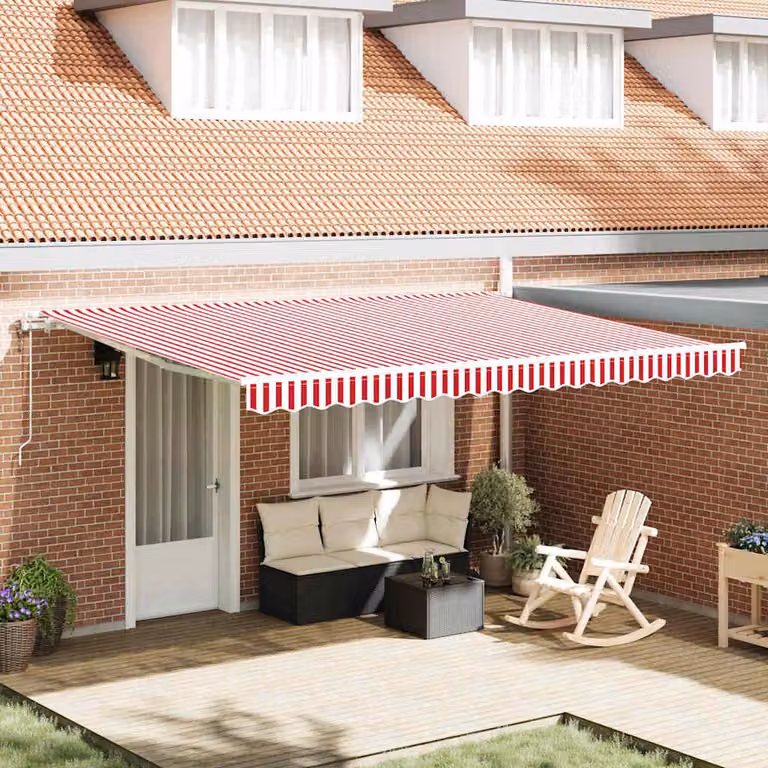 Toldo retráctil Syfax de aluminio y poliéster en rojo y blanco con mando a distancia, An: 450 cm, Al: 350 cm