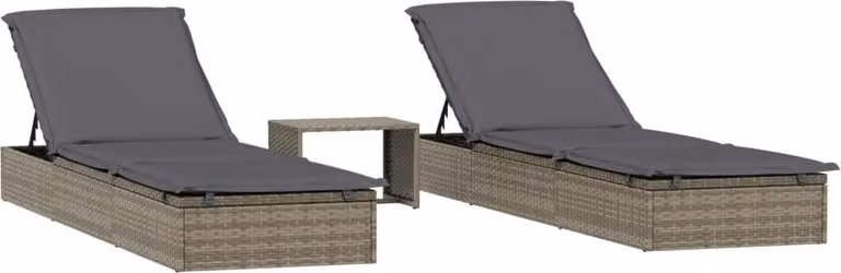 Set de 2 tumbonas Syfax con mesita de ratán sintético y estructura de acero en color gris para jardín o terraza
