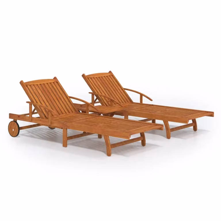 Set de 2 tumbonas con mesita Syfax de madera de acacia aceitada en color marrón y multicolor para jardín o terraza
