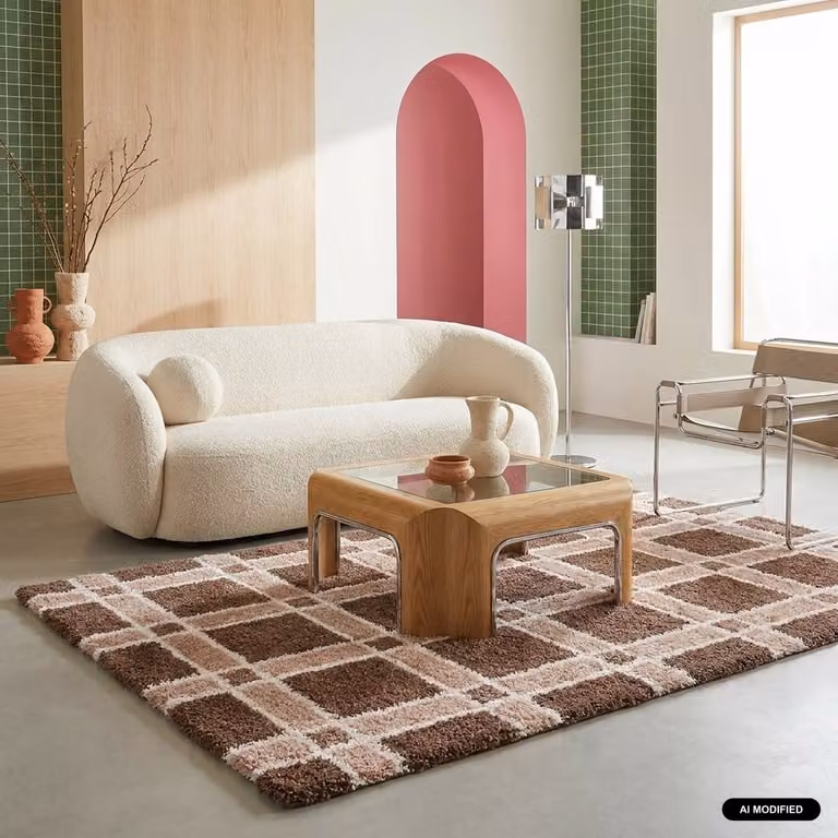 Alfombra interior moderna de Sweeek con diseño de cuadros en marrón y rosa, An: 120 cm x Al: 76,2 cm