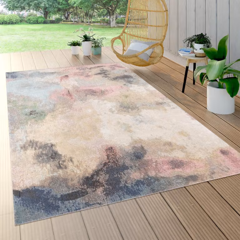 Alfombra Paco Home de estilo vintage y diseño abstracto para exterior, terraza o jardín, multicolor en tonos beige, An/P: 140 x 200 cm