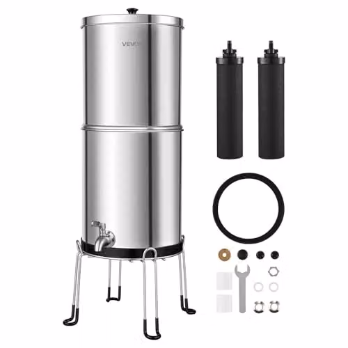 Sistema de filtración de agua por gravedad VEVOR de 8,52 l en acero inoxidable color plata con filtro de sobremesa para hogar o camping