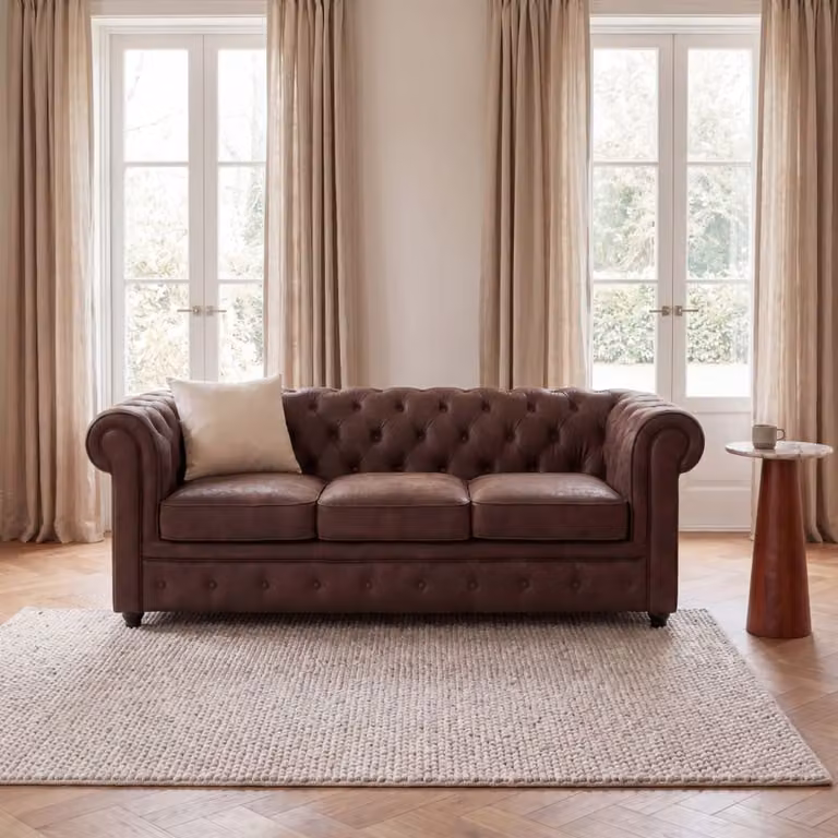 Sofá Chesterfield de 3 plazas Maisons du Monde en tela marrón con efecto piel y tapizado capitoné
