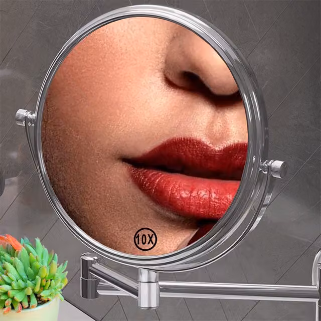 Espejo de maquillaje con aumento x10 MUCOLA de pared, redondo y color plata, Diámetro: 18 cm