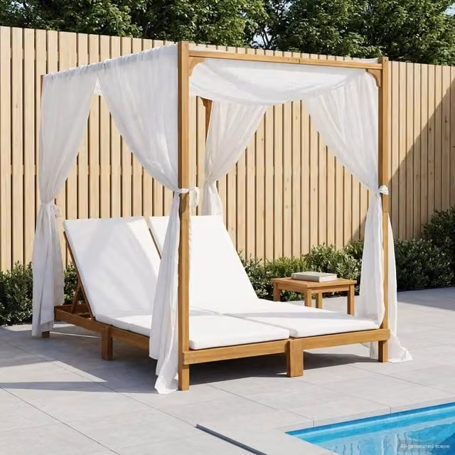 Tumbona doble con toldo y cortinas de madera de acacia sólida vidaXL en color beige y blanco