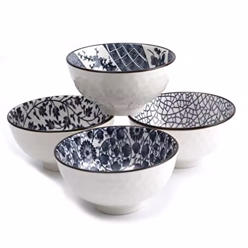 Juego de 4 cuencos de cerámica Lachineuse con motivos florales azules y blancos para arroz, desayuno o sopa, Diámetro: 11 cm