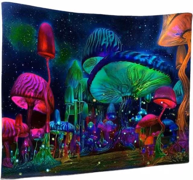 Tapiz de pared TEHTUY con diseño de setas y motivos florales psicodélicos estilo boho en multicolor, An/Al: 180 x 180 cm