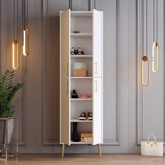 Armario multiusos DMORA con puertas batientes y estantes internos, color blanco y dorado, An: 60 cm, Al: 60 cm, Al: 202 cm