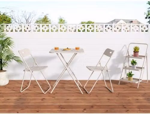 Set de salón de jardín OKWISH con mesa cuadrada y 2 sillas plegables en acero beige resistente a la intemperie, An/P/Al: 60 x 60 x 73 cm