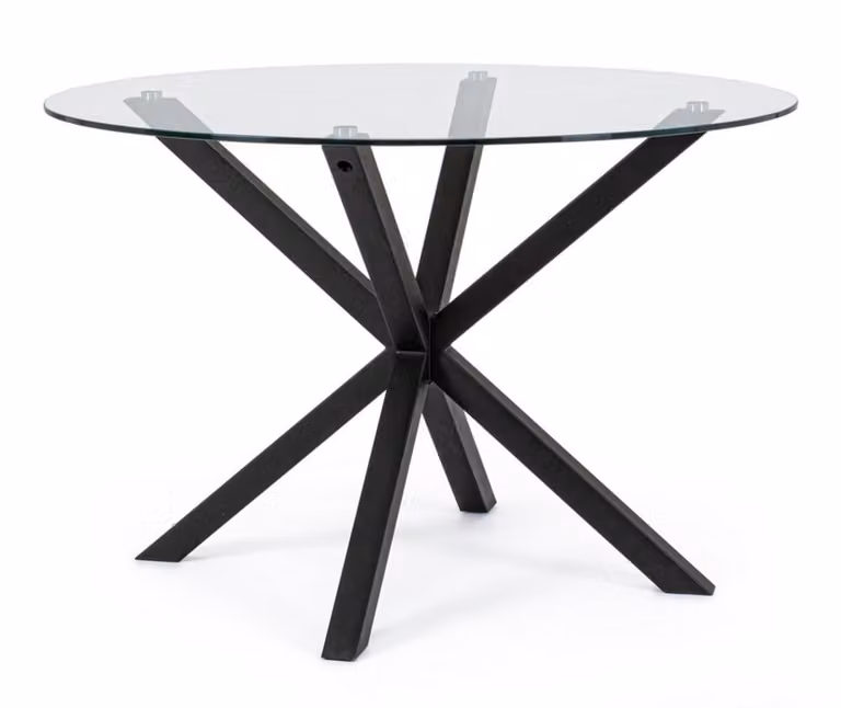 Mesa redonda de cristal transparente Konte.Design con estructura de acero negro en forma de X, Diámetro: 114 cm, Altura: 76 cm