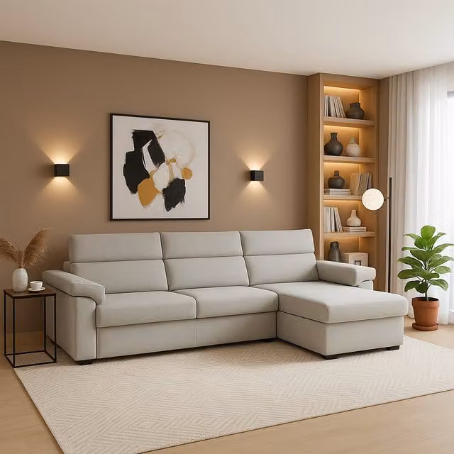 Sofá fijo con chaise longue Ceto de DMORA, diseño moderno en gris, desenfundable, reversible y con estructura de madera, An/P/Al: 285 x 160 x 45 cm