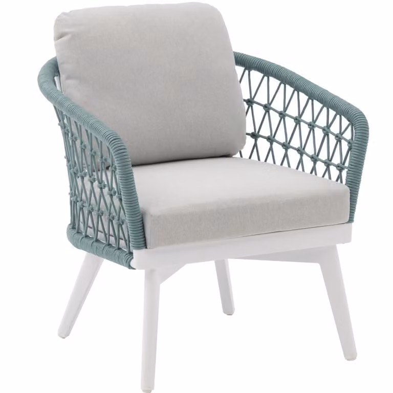 Sillón de una plaza para exterior y jardín PORTMOBEL de aluminio blanco con cojines y reposabrazos