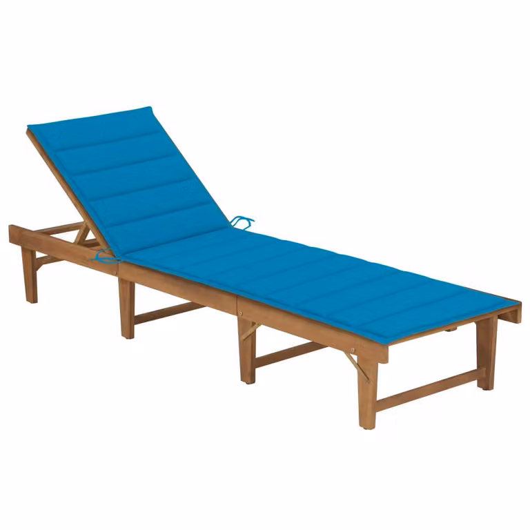 Tumbona plegable Syfax de madera de acacia con cojín azul resistente a la intemperie y reposacabezas ajustable