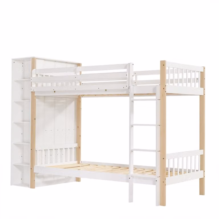 Litera de dos niveles MODFU para niños en madera de pino y blanco con almacenaje integrado y estantería de 90 x 200 cm