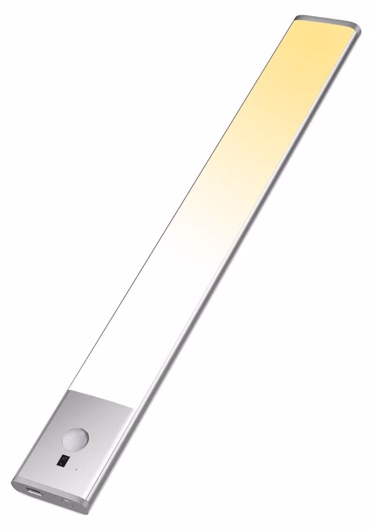 Barra LED INF con sensor de movimiento inteligente Dual (PIR + barrido de mano), recargable por USB-C, magnética y con 3 temperaturas de color, color Plata, Ancho: 60 cm