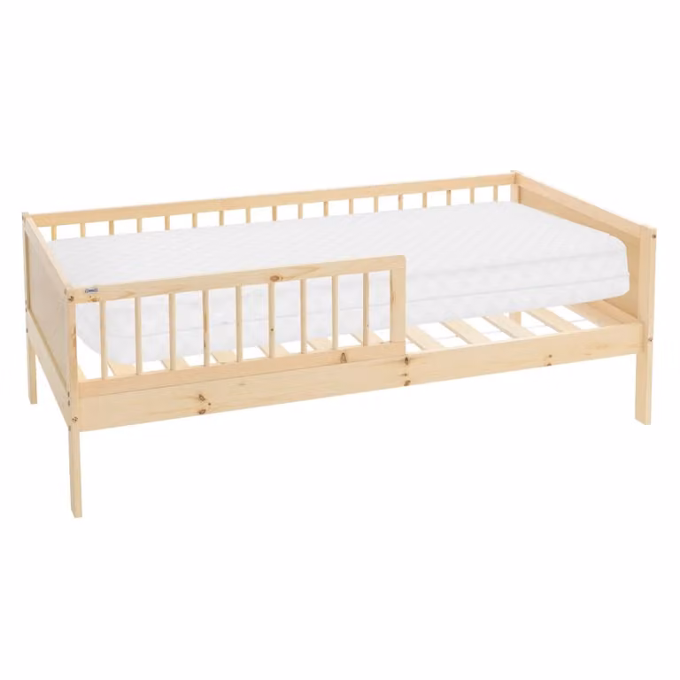 Cama infantil ML-Design de pino natural y beige con colchón de espuma y protección lateral An/P: 160 x 80 cm