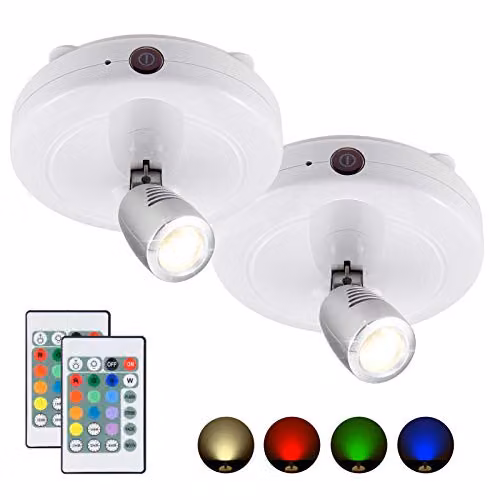 Pack de 2 focos LED inalámbricos HONWELL con batería, lámparas de acento RGBW multicolor con control remoto y temporizador para cuadros, espejos o juegos de dardos