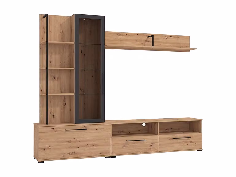 Mueble de TV Dublin con compartimentos para salón en madera y cristal, color marrón y negro, An/P/Al: 229,5 x 35,0 x 183,0 cm