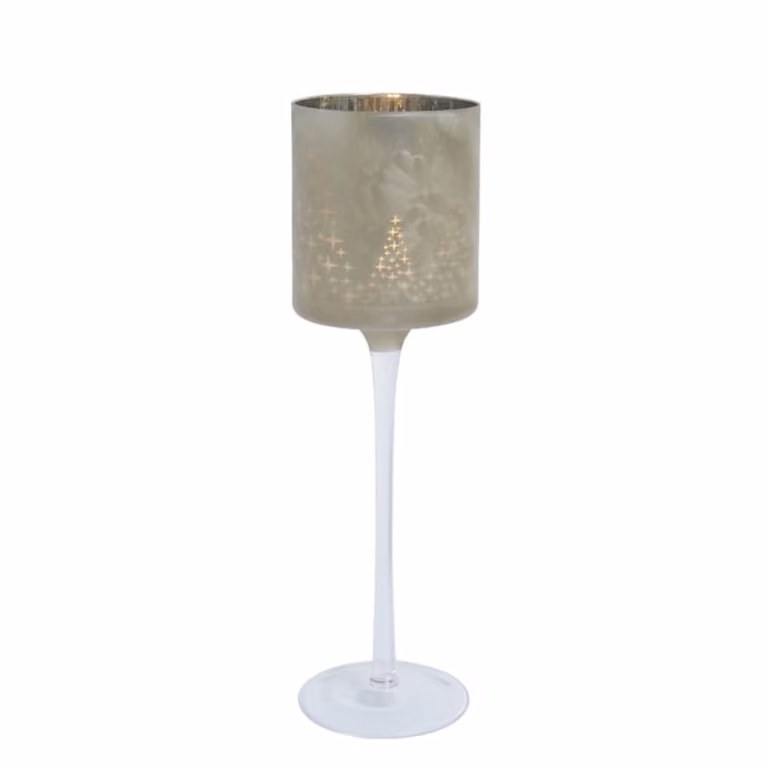 Portavelas de mesa Sia Deco con pie de vidrio esmerilado en gris y oro para tealight, Altura: 30 cm