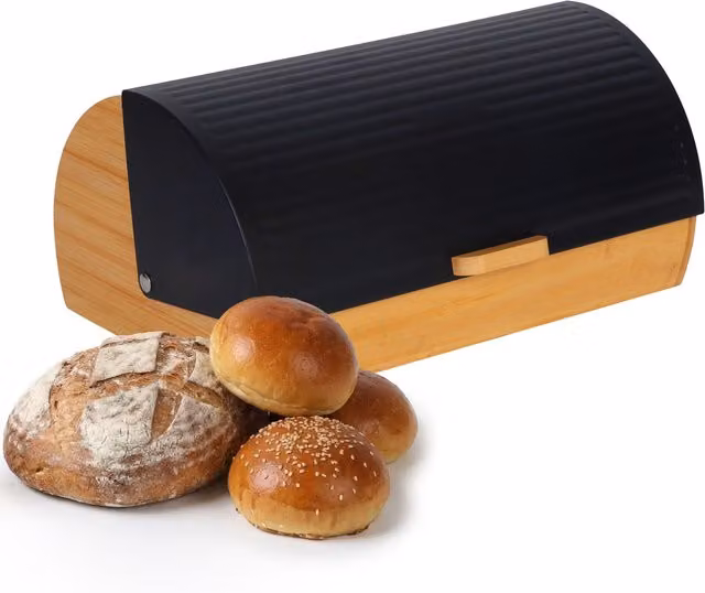 Panera de bambú y metal con tapa abatible Relaxdays, color negro, An/P/Al: 19 x 37,5 x 26,5 cm
