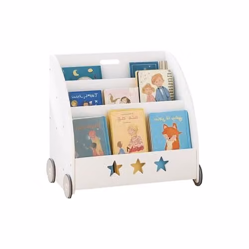 Estantería infantil Relaxdays de 3 estantes con ruedas, diseño geométrico moderno en MDF, color blanco y gris, An/P/Al: 57 x 62 x 42 cm
