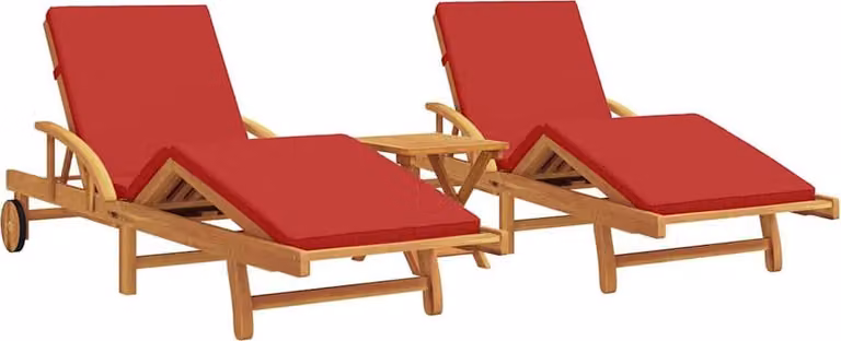 Set de 3 tumbonas Syfax de madera de acacia tratada en color rojo y marrón con reposacabezas ajustable para jardín o terraza, An/P/Al: 295 x 67 x 84 cm