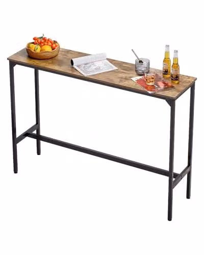 Mesa alta de bar VEVOR con estructura de metal y madera en color marrón rústico, diseño rectangular moderno, An/P/Al: 139,7 x 38,1 x 99 cm