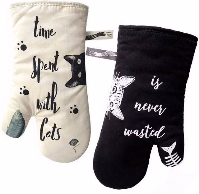 Guantes de cocina y manoplas de horno resistentes al calor LIIYIELA de algodón en color beige, blanco y negro con diseño de gatos para adultos