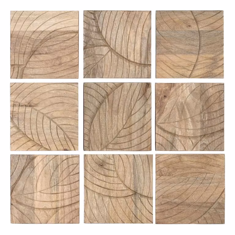 Conjunto de 9 decoraciones de pared botánicas NIYLO de MDF y madera natural, color marrón, An/P/Al: 90 x 3 x 90 cm