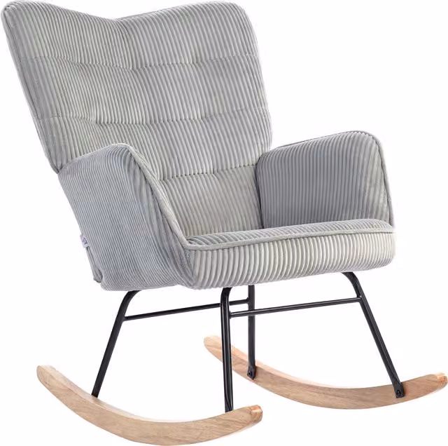 Silla mecedora vintage HOMCOM con patas curvas de madera de haya y acero, acolchado de pana en gris claro