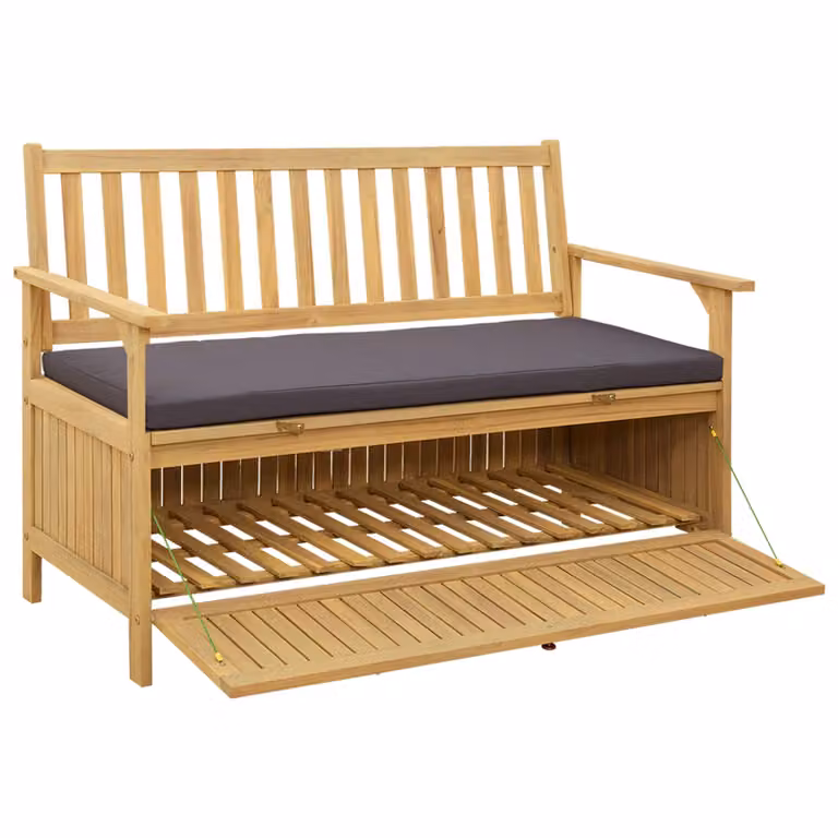vidaXL Banco de almacenamiento de 2 plazas en madera de acacia color marrón con cojines An/P/Al: 120 x 63 x 84 cm