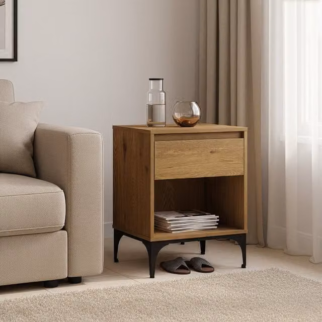 Mesa auxiliar Kistiandi con cajón de en.casa en color roble oscuro, An/P/Al: 61.5 x 46 x 40 cm