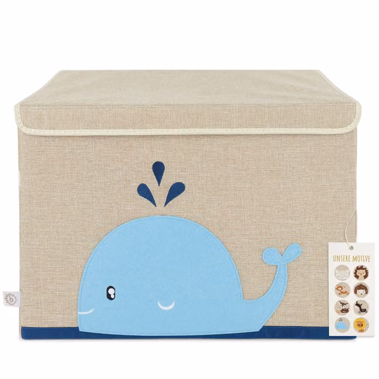 Caja de juguetes plegable Bieco con tapa y asas, motivo ballena, colores arena, azul y beige, An/P/Al: 36 x 36 x 65 cm